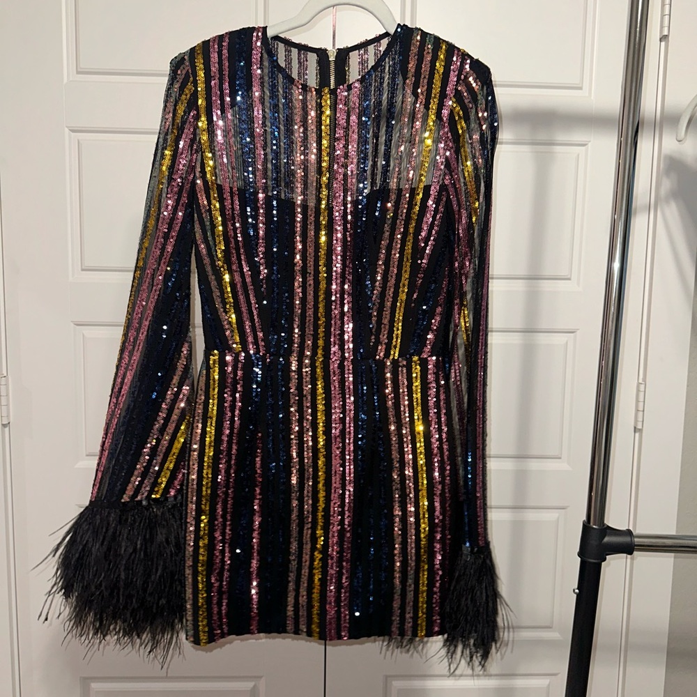 Bronx and Banco Multicolor Sequin Stripe Mini Dress with Feather Cuffs - Picture 1 of 5